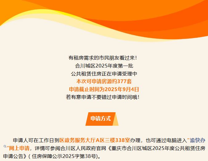 377套房源！合川城区一批公租房正在申请受理中