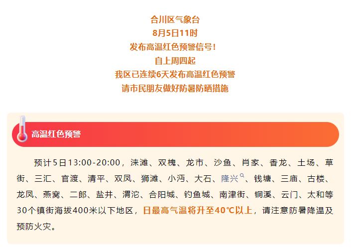合川连续6天发布高温红色预警！明天或迎“降温雨”！