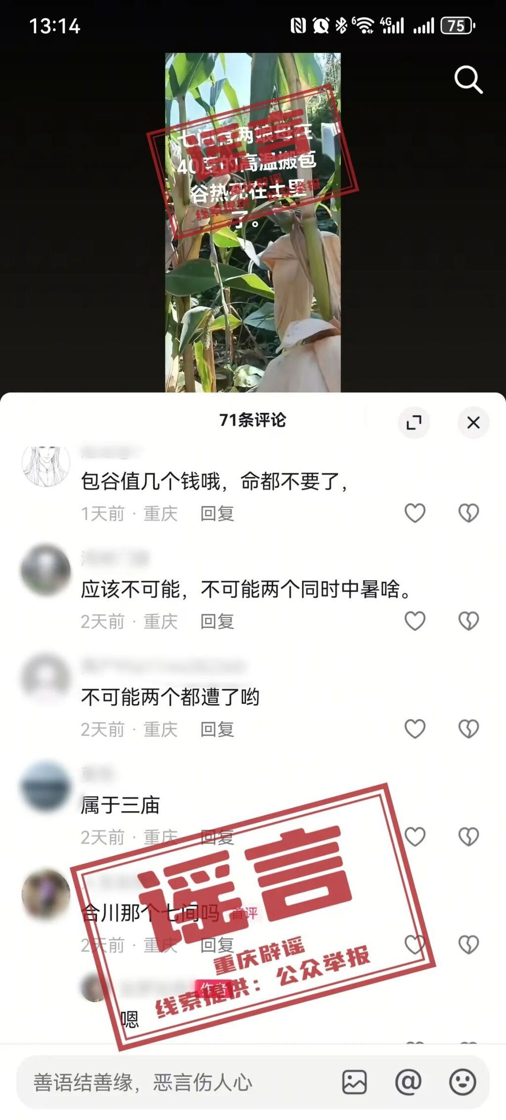 刘某编造“合川两娘母高温搬苞谷热死”谣言，被依法行政拘留！